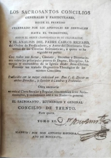 Portada libro : Los Sacrosantos Conciliosgenerales y particulares, desde el primero celebrado por los Apóstoles en J...