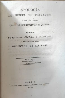 Portada libro : Apología de Miguel de Cervantes sobre los yerros que se le han notado en el Quixote. Dedicada por do...
