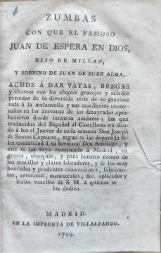 Portada libro : Zumbas con que el famoso Juan de Espera en Dios, hijo de Millar y sobrino de Juan de Buen Alma acude....