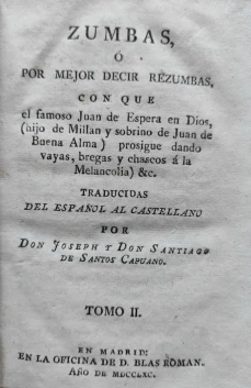 Portada libro : Zumbas con que el famoso Juan de Espera en Dios, hijo de Millar y sobrino de Juan de Buen Alma ... T....