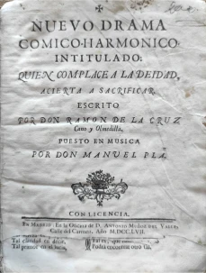 Portada libro : Quien complace a la deidad, acierta a sacrificar. Escrito por Don Ramón de la Cruz Cano y Olmedilla,...