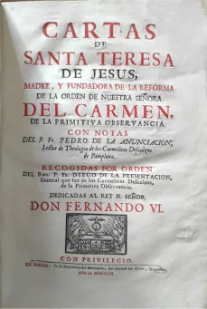 Portada Libro : Cartas de Santa Teresa de Jesús de la orden de nuestra Señora del Carmen. Con notas del P. Fr. Pedr...