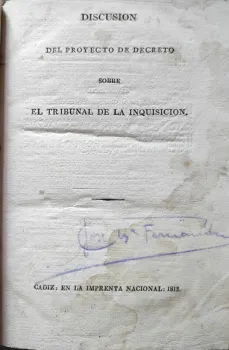 Portada Libro : Discusión del proyecto de decreto sobre el Tribunal de la Inquisición