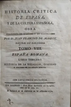 Portada Libro : Historia crítica de España, y de la cultura española. Obra compuesta en italiano y en castellano p...