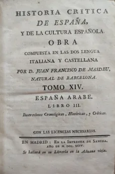 Portada Libro : Historia crítica de España, y de la cultura española. Obra compuesta en las dos lenguas italiana y...