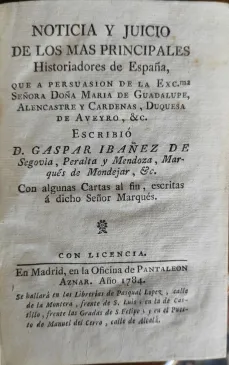 Portada libro : Noticia y juicio de los mas principales historiadores de España