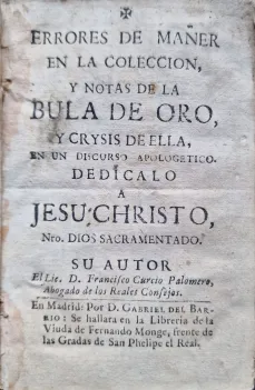 Portada libro : Errores de Mañer en la coleccion y notas de la Bula de Oro, y crysis de ella en un discurso apologet...