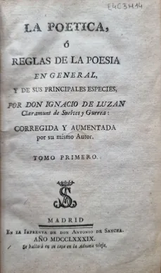 Portada libro : La Poética, ó Reglas de la poesía en general, y de sus principales especies