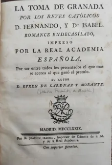 Portada  : La toma de Granada por los Reyes Católicos D. Fernando y Dª Isabel : romance endecasílabo, impreso p...