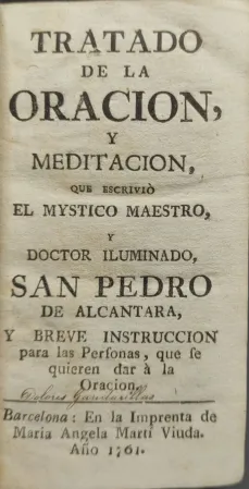 Portada libro : Tratado de la Oración, y meditacion, que escribiò el místico maestro, y doctor iluminado, San Pedr...