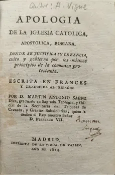 Portada libro : Apologia de la Iglesia Catolica, Apostolica, Romana. Donde se justifica su creencia, culto y gobiern....
