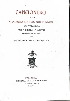 Portada libro : Cancionero de la Academia de los Nocturnos de Valencia. Tercera parte.