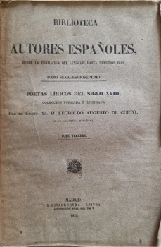Portada libro : Poetas líricos del siglo XVIII. Colección formada e ilustrada por el Excmo. Sr. D. Leopoldo Augusto...