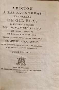Portada libro : Adicion a las Aventuras de Gil Blas o Historia galante del Joven Siciliano, que suena traducida de f....