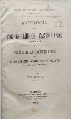 Portada libro : Antología de poetas líricos castellanos. Tomo I