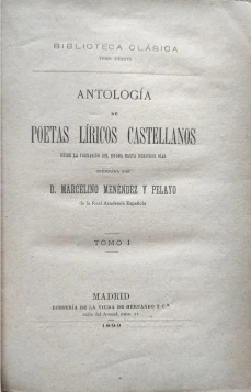 Portada libro : Antología de poetas líricos castellanos. Tomo I