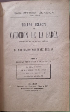Portada libro : Teatro selecto de Calderon de la Barca. Tomo I